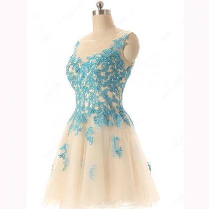 Beading A-line Tulle Appliques Lace Scoop Neck..
