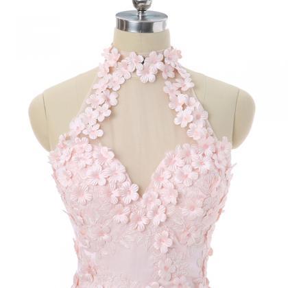 Pink A-line Halter Short Mini Tulle Lace Flowers..