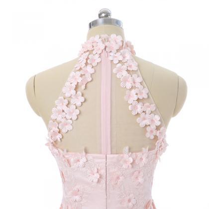 Pink A-line Halter Short Mini Tulle Lace Flowers..