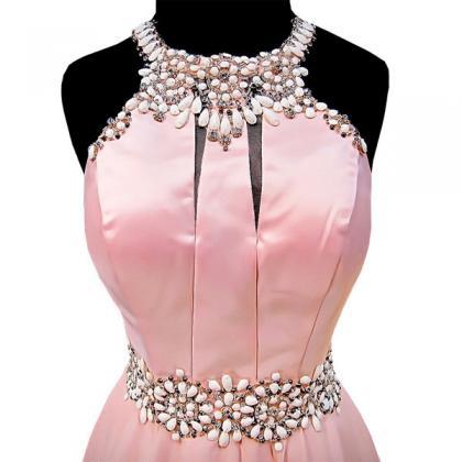 Custom Made Light Pink Halter Neckline Pearl And..