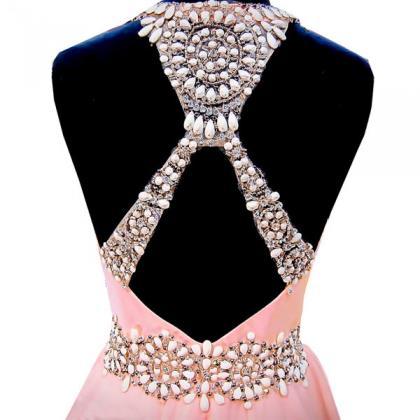 Custom Made Light Pink Halter Neckline Pearl And..
