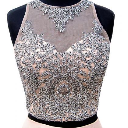 Pink A-line Scoop Neck Beaded Appliques Lace Short..