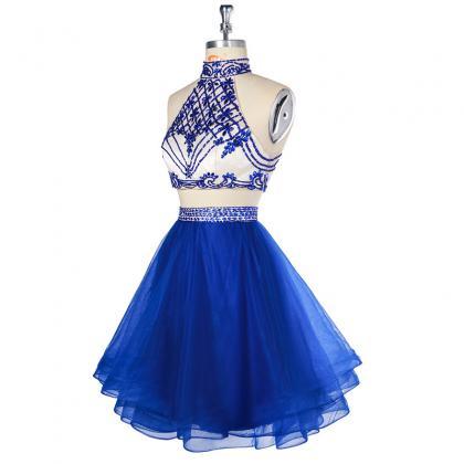 Short Halter Two Pieces Homecoming Tulle Crystal..