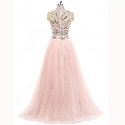 High Neck Pink Tulle Sweep Train Beading Two Piece..