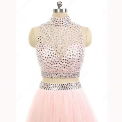 High Neck Pink Tulle Sweep Train Beading Two Piece..