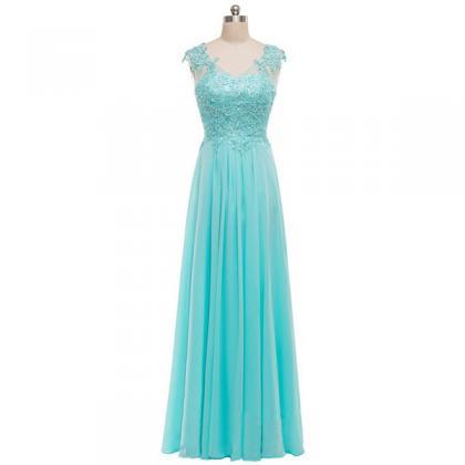 Teal A-line V-neck Chiffon Tulle Appliques Lace..