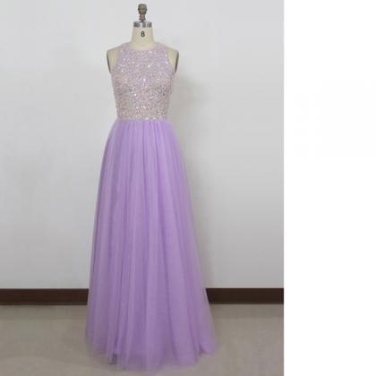 A-line Scoop Neck Tulle Floor-length Crystal..