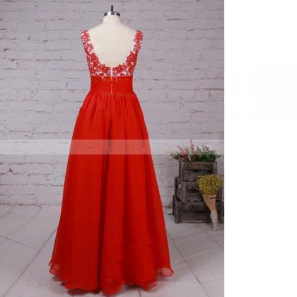 A-line Scoop Neck Chiffon Floor-length Beading Red..