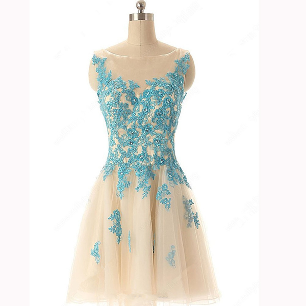 Beading A-line Tulle Appliques Lace Scoop Neck Short Mini Homecoming Dress