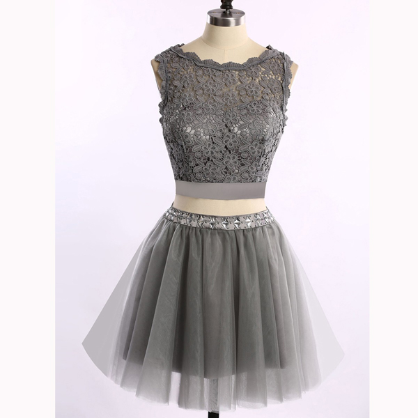 Pretty Gray Sleeveless A-line Short Mini Scoop Neck Tulle Lace Beading Two Pieces Homecoming Dress