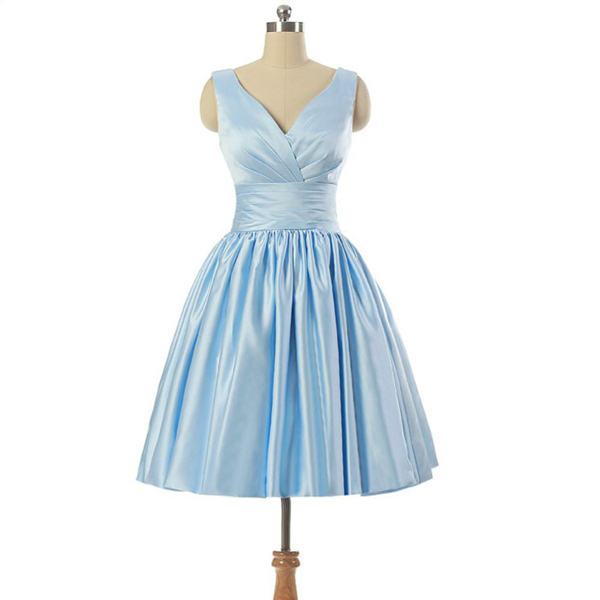 A-line V-neck Light Sky Blue Satin Sleeveless Lace-up Pleats Short Mini Homecoming Dresses