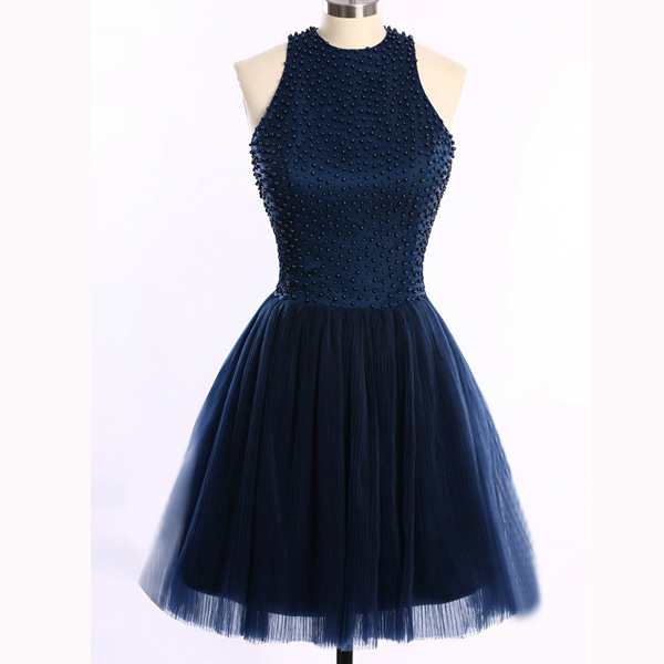 Short Mini A-line Scoop Neck Dark Navy Tulle Sleeveless Pearl Detailing Open Back Homecoming Dress