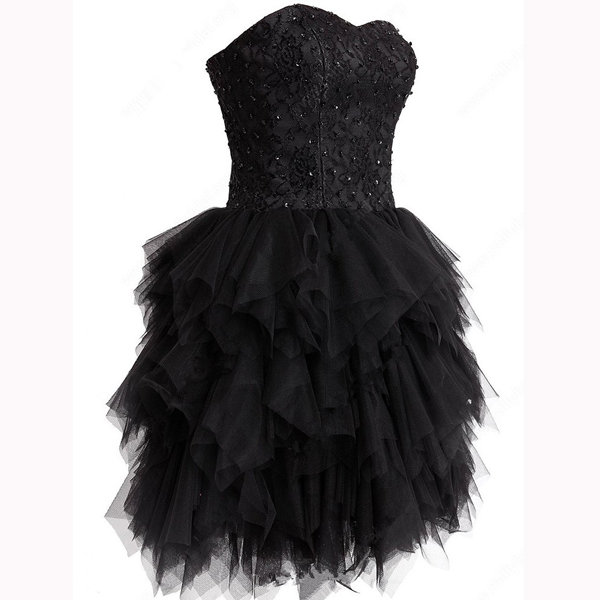 Black Short Mini A-line Tulle Sweetheart Lace Sleeveless Beading Tiered 