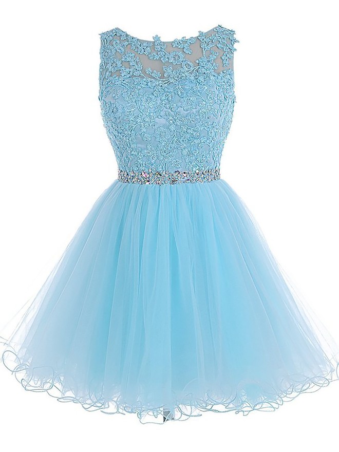 Sweet Princess Scoop Neck Tulle Sleeveless Short Mini Beading Appliques Lace Homecoming Dress