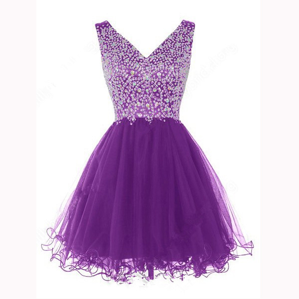 A-line V-neck Sleeveless Tulle Short Mini Crystal Detailing Homecoming ...