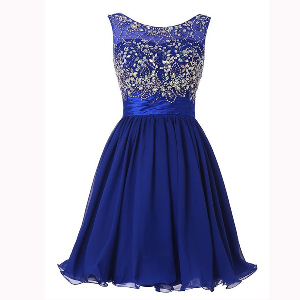 A-line Scoop Neck Sleeveless Blue Lace Short Mini Homecoming Dresses main image 0