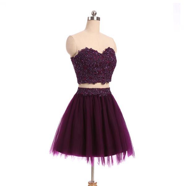 Purple Short Mini A-line Sweetheart Tulle Appliques Lace Beaded Two Pieces Homecoming Dress