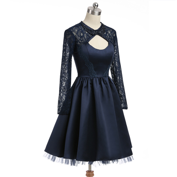 Navy A-line Long Sleeves Open Back Satin Appliques Lace Beaded Sexy Homecoming Dress