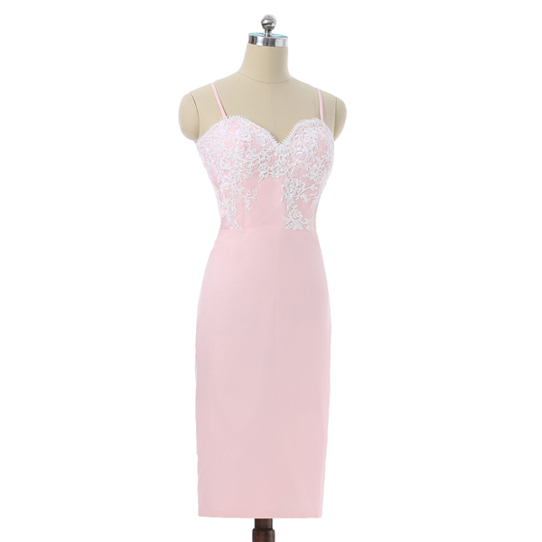 Pink Sheath Sweetheart Spaghetti Straps Knee-length Appliques Lace Homecoming Dress