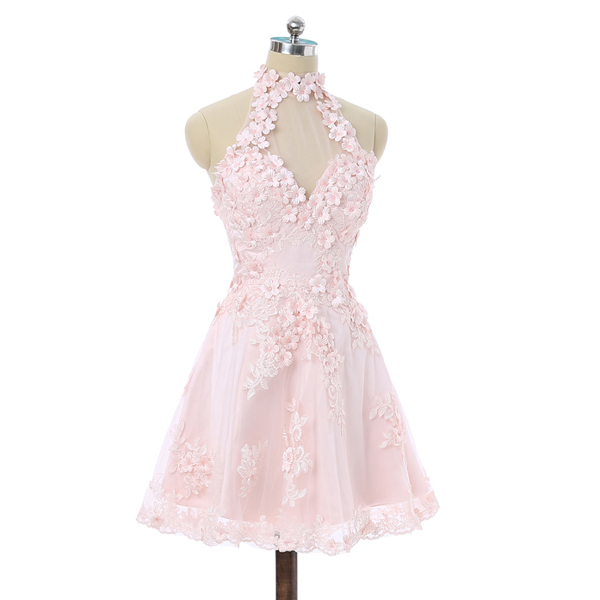 Pink A-line Halter Short Mini Tulle Lace Flowers Beaded Appliques Lace Elegant Homecoming Dress