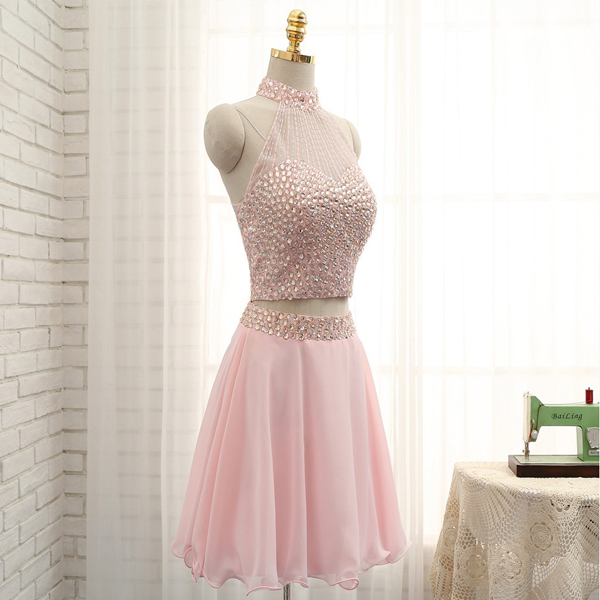 Pink A-line High Neck Short Mini Organza Beaded Crystal Detailing Two Pieces Homecoming Dress