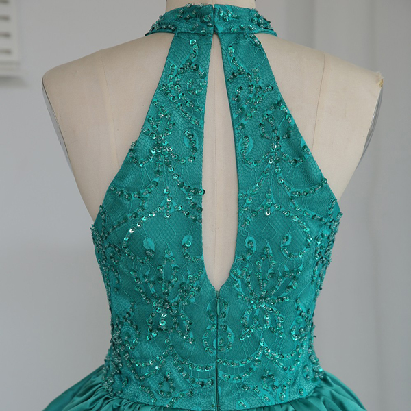 Green A-line High Neck Knee-length Tiered Beaded Appliques Lace ...