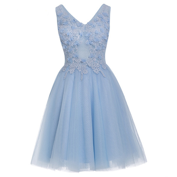 Sky Blue Knee Length V Neck Sleeveless Beading Appliques Lace Homecoming Dress