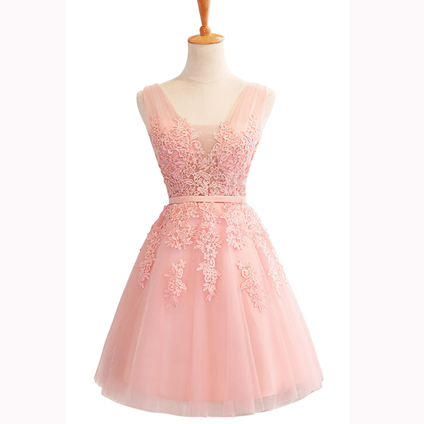 Appliques Lace A-line Short Mini Lace-up V-neck Tulle Homecoming Dress