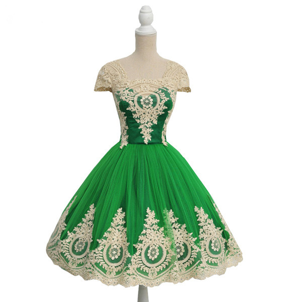 Cute Cap Sleeves A-line Sweet 16 Appliques Lace Green Tulle Short Homecoming Dresses