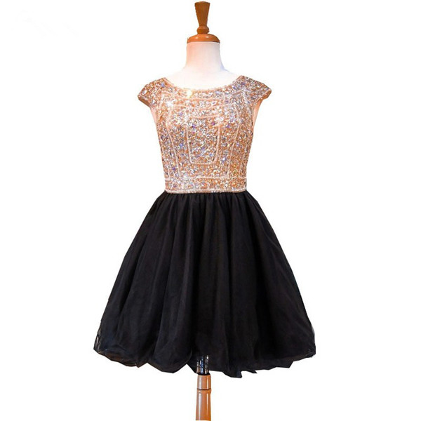 Sparkly Tulle A-line Scalloped Neckline Sleeveless Beaded Crystal Detailing Backless Black Homecoming Dresses