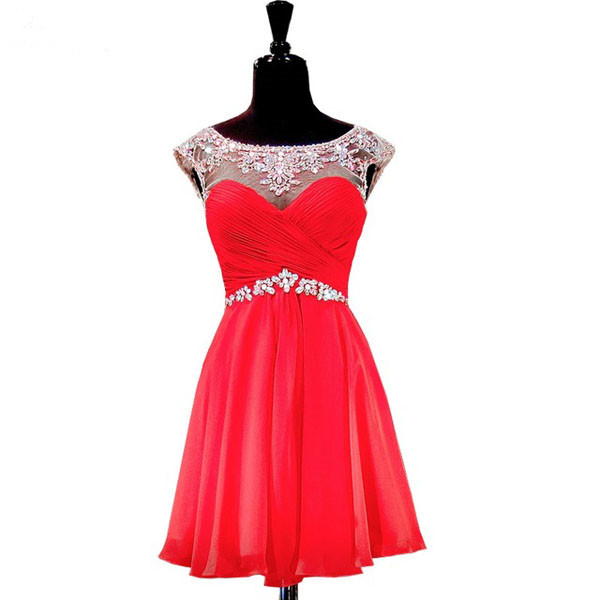 Cute Sweet 16 Scalloped Neckline Cap Sleeve Beaded Crystal Detailing Backless Red Chiffon Homecoming Dresses