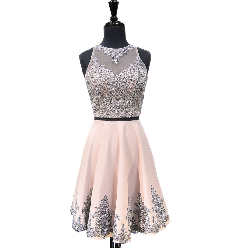Pink A-line Scoop Neck Beaded Appliques Lace Short Two Piece Sweet 16 Homecoming Dresses