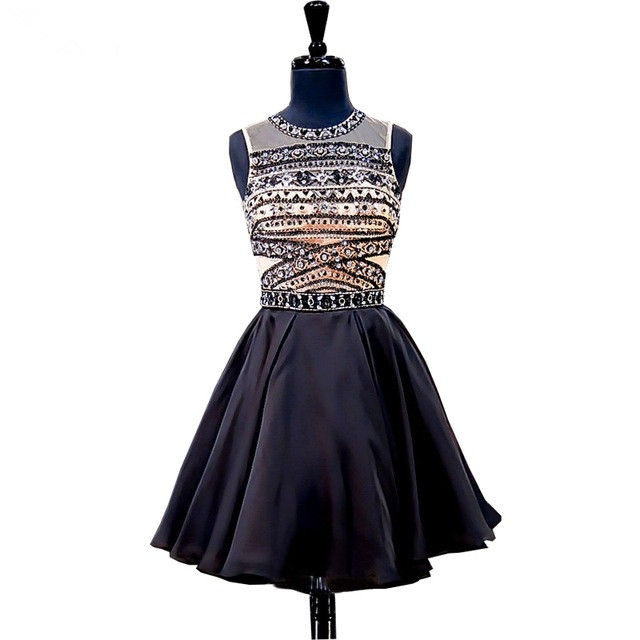 Stunning Junior A-line Scoop Neck Beaded Crystals Detailing Backless Black Short Homecoming Dresses