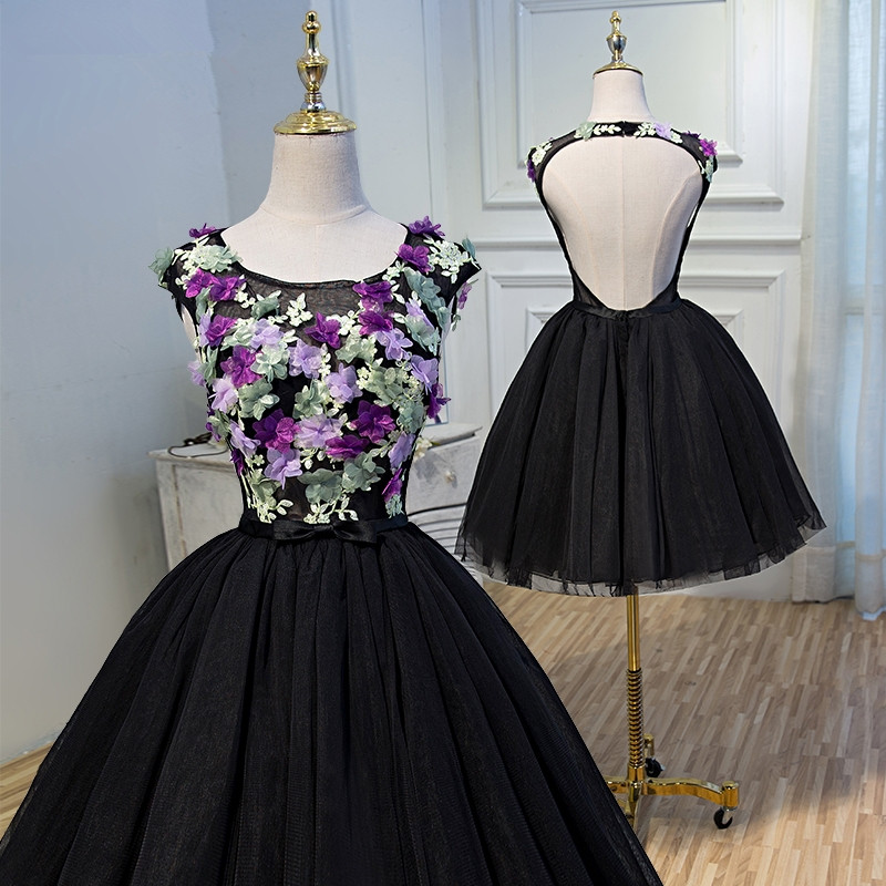 Cute Black Short Floral Print Junior Scoop Neck Homecoming Dresses