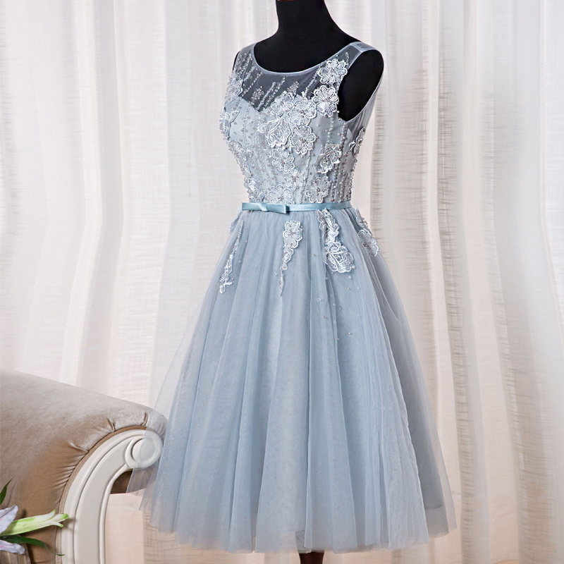 Short Gray A-line Scoop Neck Appliques Lace Lace-up Party Homecoming Dresses
