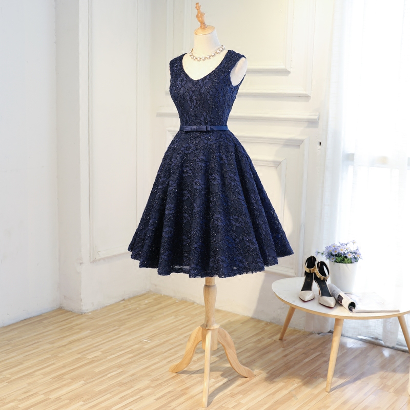 Navy A-line Short Appliques Lace Lace-up Scoop Neck Sexy Homecoming Dresses