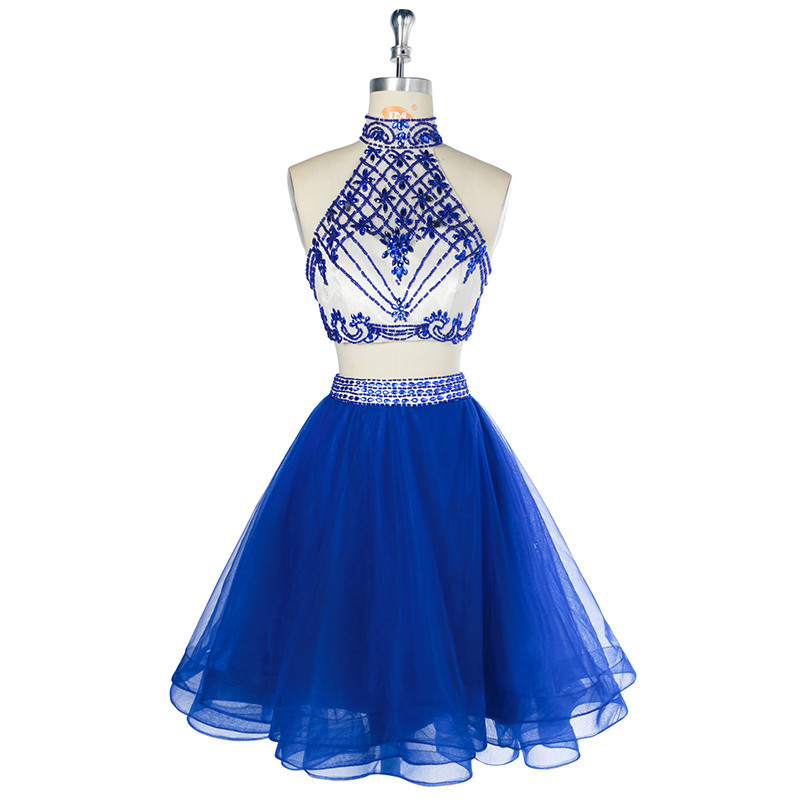 Short Halter Two Pieces Homecoming Tulle Crystal Beaded Party Graduation Dresses