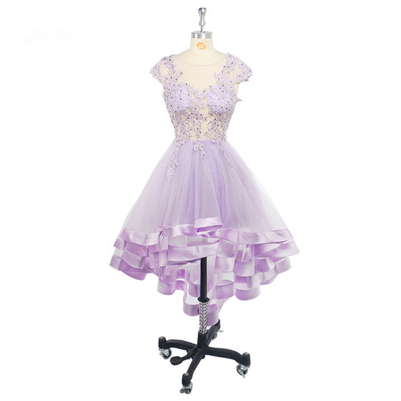 Lavender High Low Asymmetrical Scoop Neck Party Homecoming Dress Beading Appliques Lace