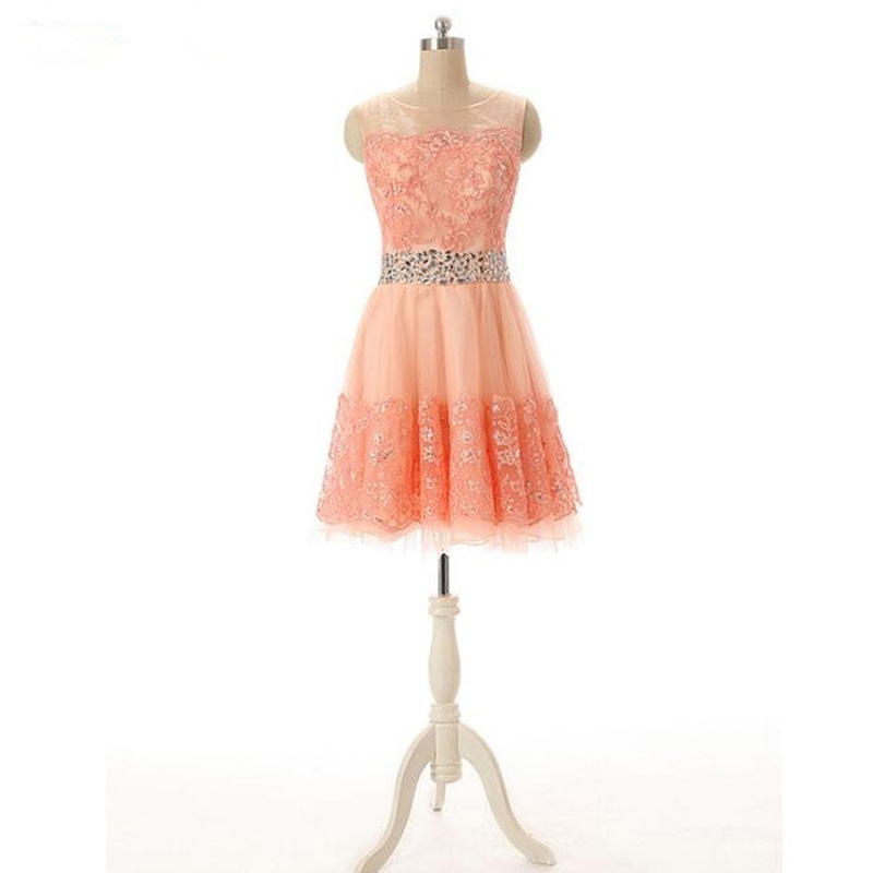 Homecoming Orange A-line Short Mini Tulle Appliques Lace Crystals Elegant Cocktail Dresses