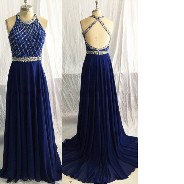Scoop Neck A-line Chiffon Sweep Train Beading Crystal Detailing Backless Open Back Sexy Navy Long Prom Dresses