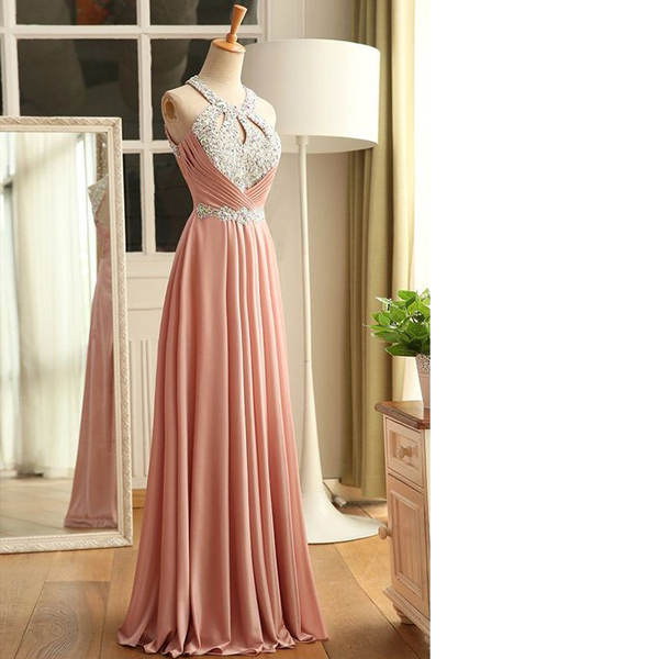 A-line Scoop Neck Chiffon Floor-length Crystal Detailing Lace-up Classic Open Back Long Prom Dresses