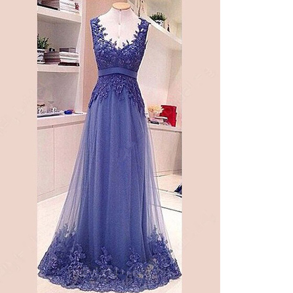 Elegant Popular A-line Appliques Lace Tulle V-neck Sashes Ribbons Ruffles Open Back Long Prom Dresses