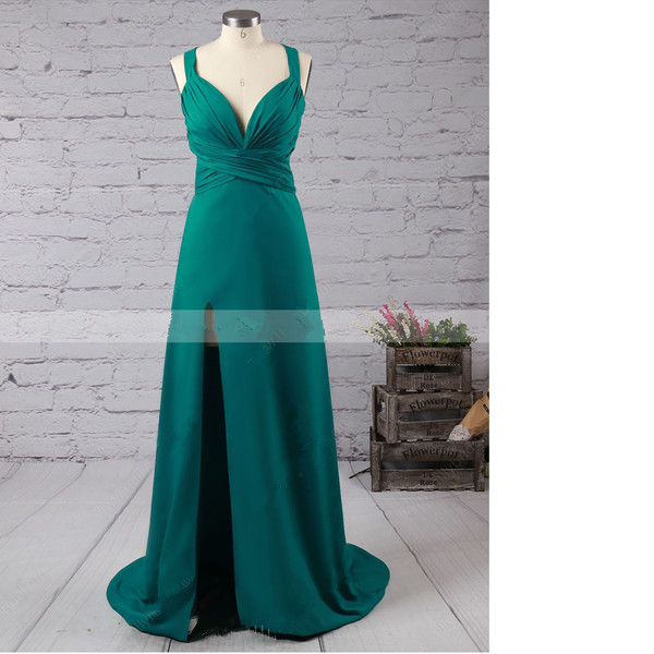 Discount Green Crossed Straps Silk-like Satin V-neck Split Front Open Back Sheath/column Long Prom Dresses