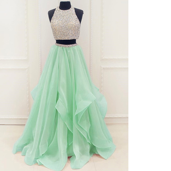 Fabulous Princess Scoop Neck Organza Floor-length Beading Pearl Detailing Two Piece Long Prom Dresses