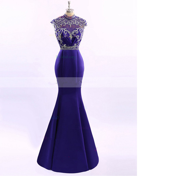 Purple Trumpet/mermaid Scoop Neck Tulle Elastic Woven Satin Beading Cap Straps Open Back Long Prom Dresses