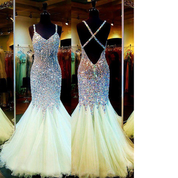 Exclusive V-neck Backless Floor-length Tulle Crystal Detailing Trumpet/mermaid Sparkle&shine Long Prom Dresses