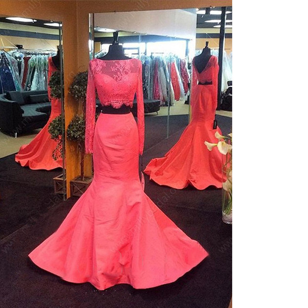 Red Two Pieces Trumpet/mermaid Silk-like Satin Lace Sweep Train Elegant Long Sleeve Prom Dresses
