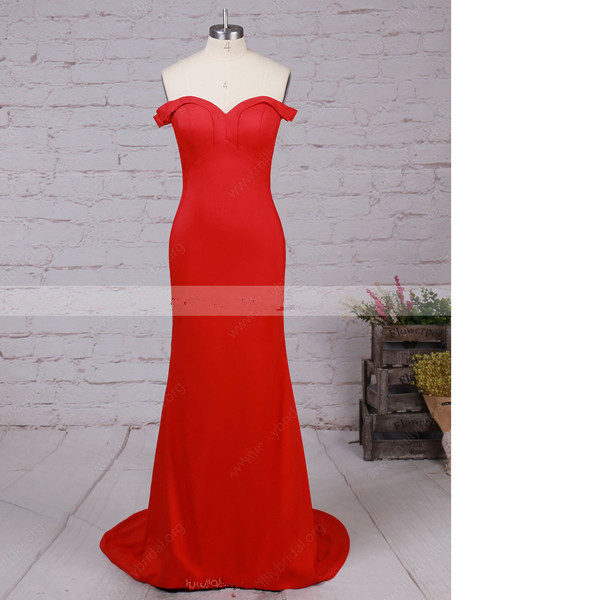Sheath/column Off-the-shoulder Red Silk-like Satin Ruffles Sleeveless Sexy Modern Long Prom Dresses