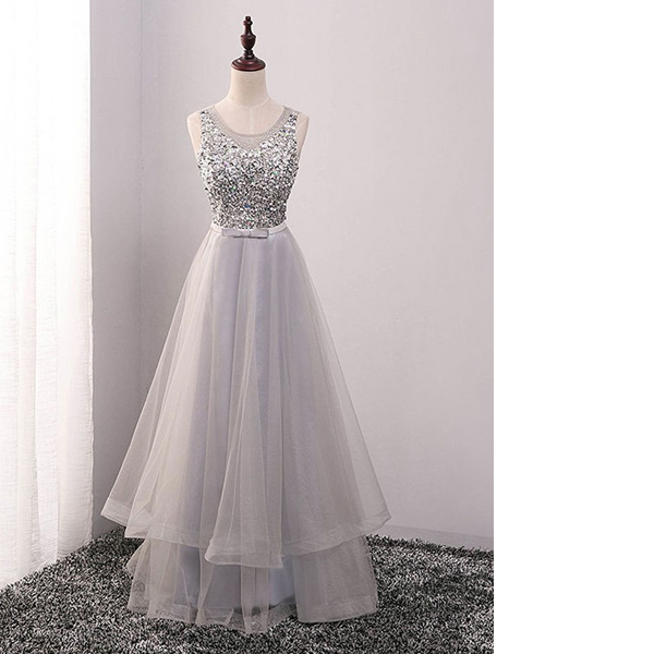 Sparkly A-line Scoop Neck Tulle Floor-length Crystal Detailing Sequins Elegant Long Prom Dresses