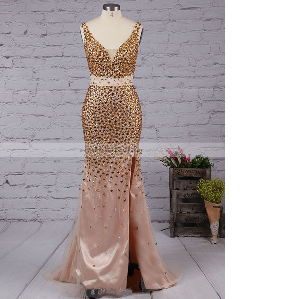 Gold Sheath/column V-neck Tulle Floor-length Sparkle&shine Split Front Long Prom Dresses